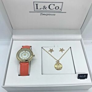 L & Co. Timepieces Coral Watch Necklace & Starfish Earrings Set Gold Tone NWB